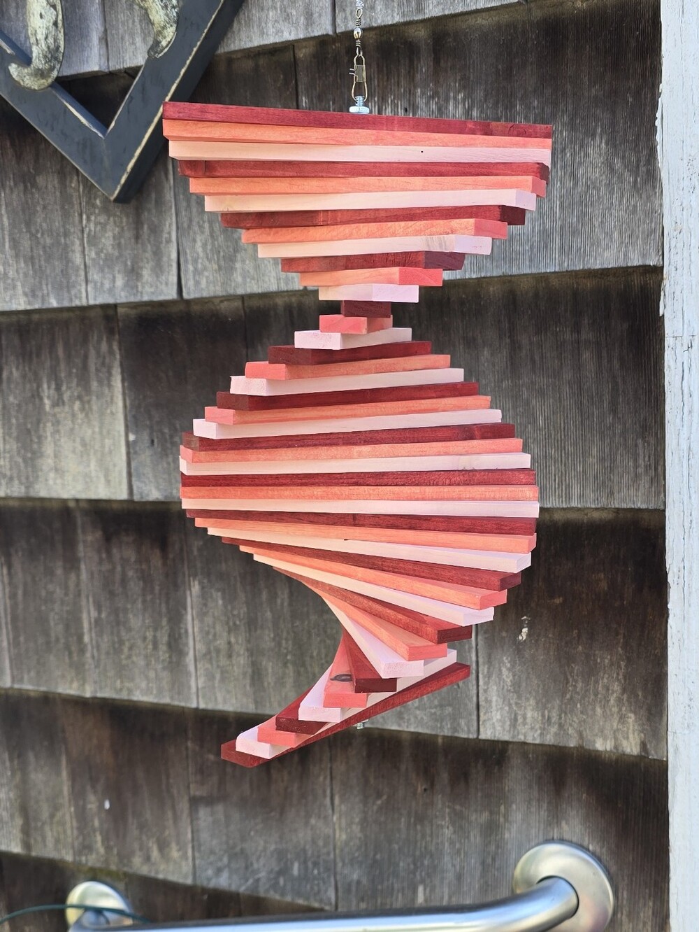 Wooden Wood Spinner Stained Red Pink Coral twister Windmill Windchime